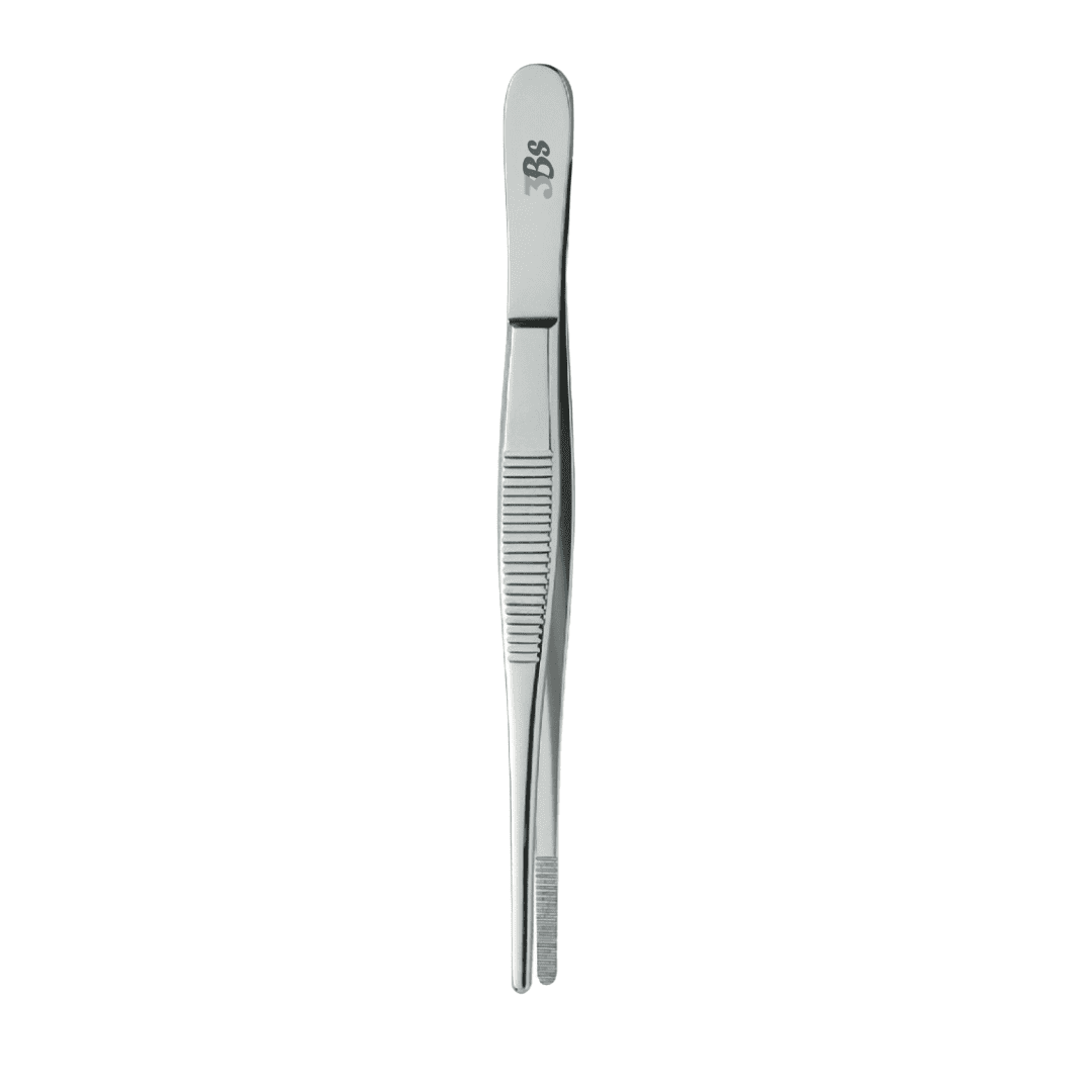 A pair of stainless steel precision tweezers with a textured grip handle and a small engraved logo near the top, shown vertically on a plain white background.