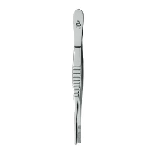 A pair of stainless steel precision tweezers with a textured grip handle and a small engraved logo near the top, shown vertically on a plain white background.