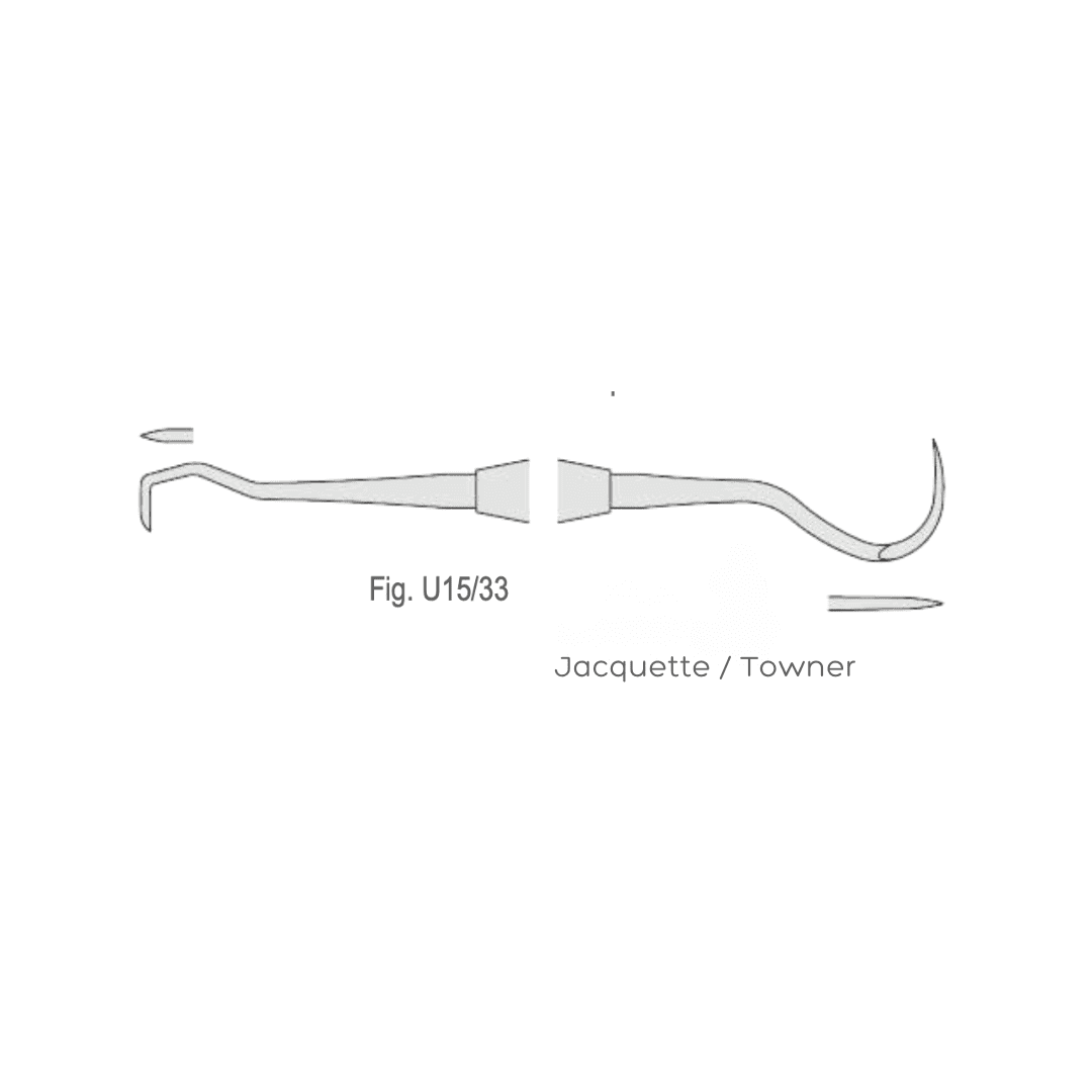 U15/33 Towner-Jaquette stainless steel double-ended dental scaler with ergonomic knurled handle for supragingival calculus removal.