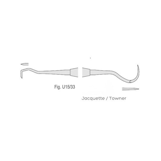 U15/33 Towner-Jaquette stainless steel double-ended dental scaler with ergonomic knurled handle for supragingival calculus removal.