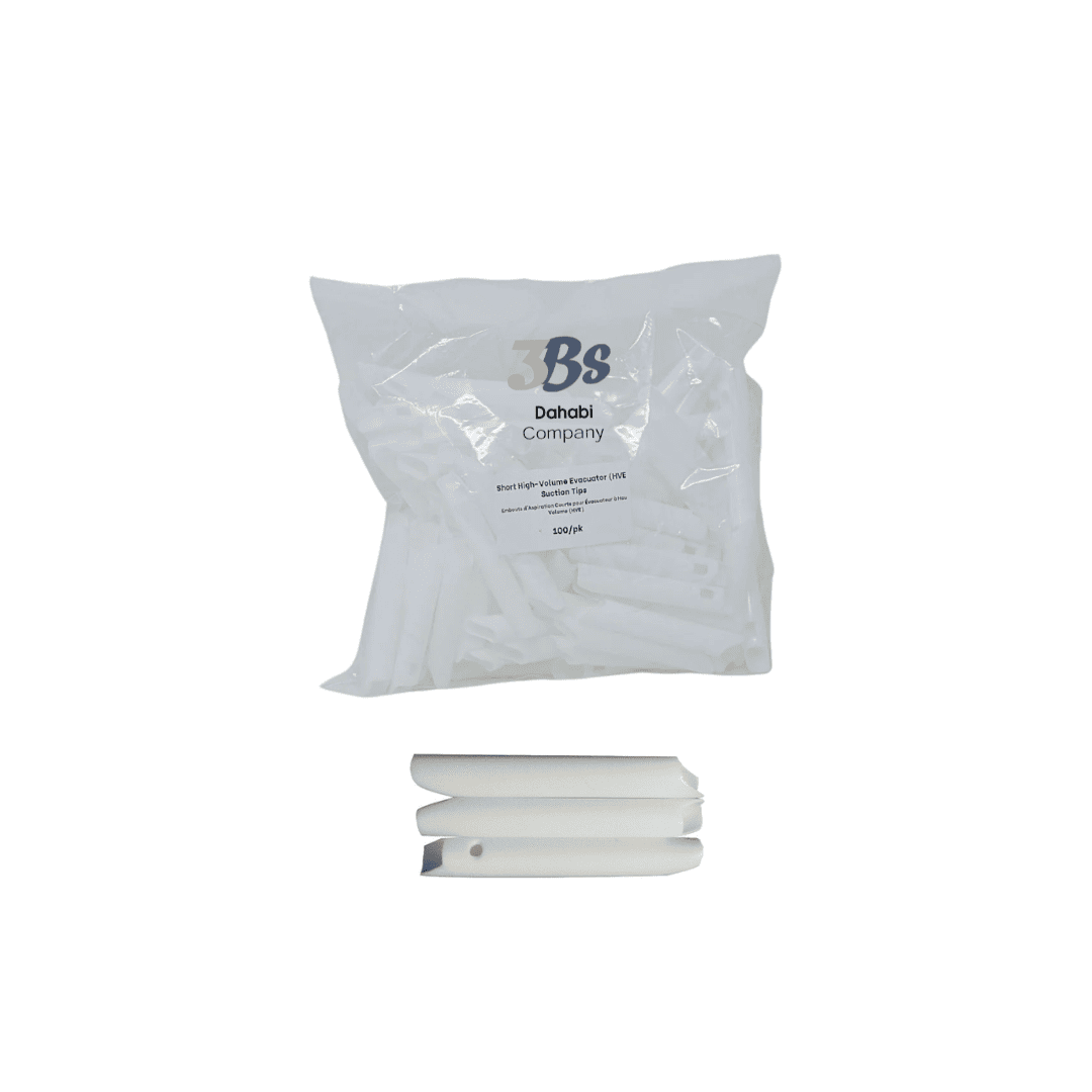 A clear plastic bag containing white vented short oral evacuation tips