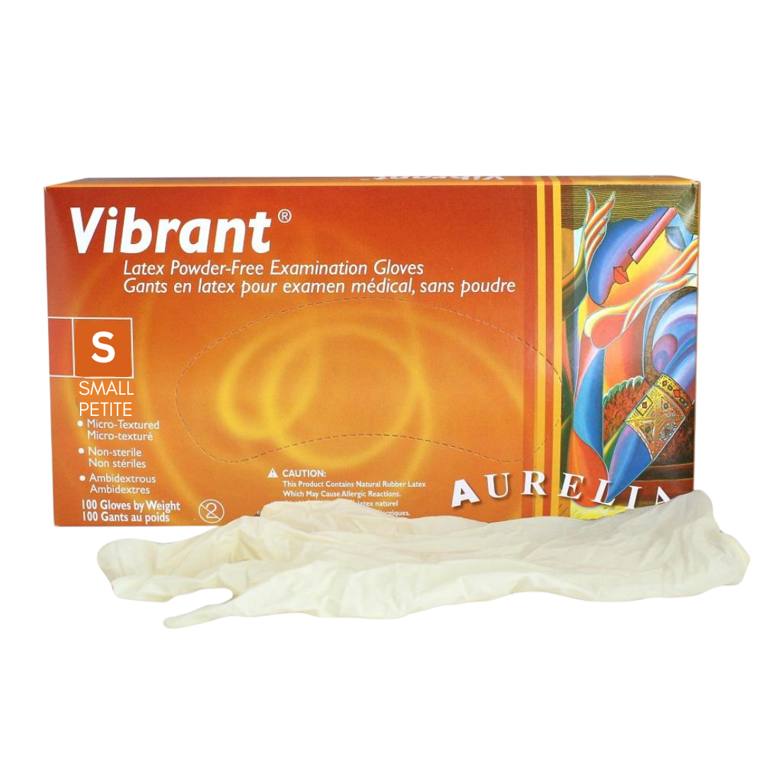 Box of Vibrant latex examination gloves size small petite with a pair of gloves in front